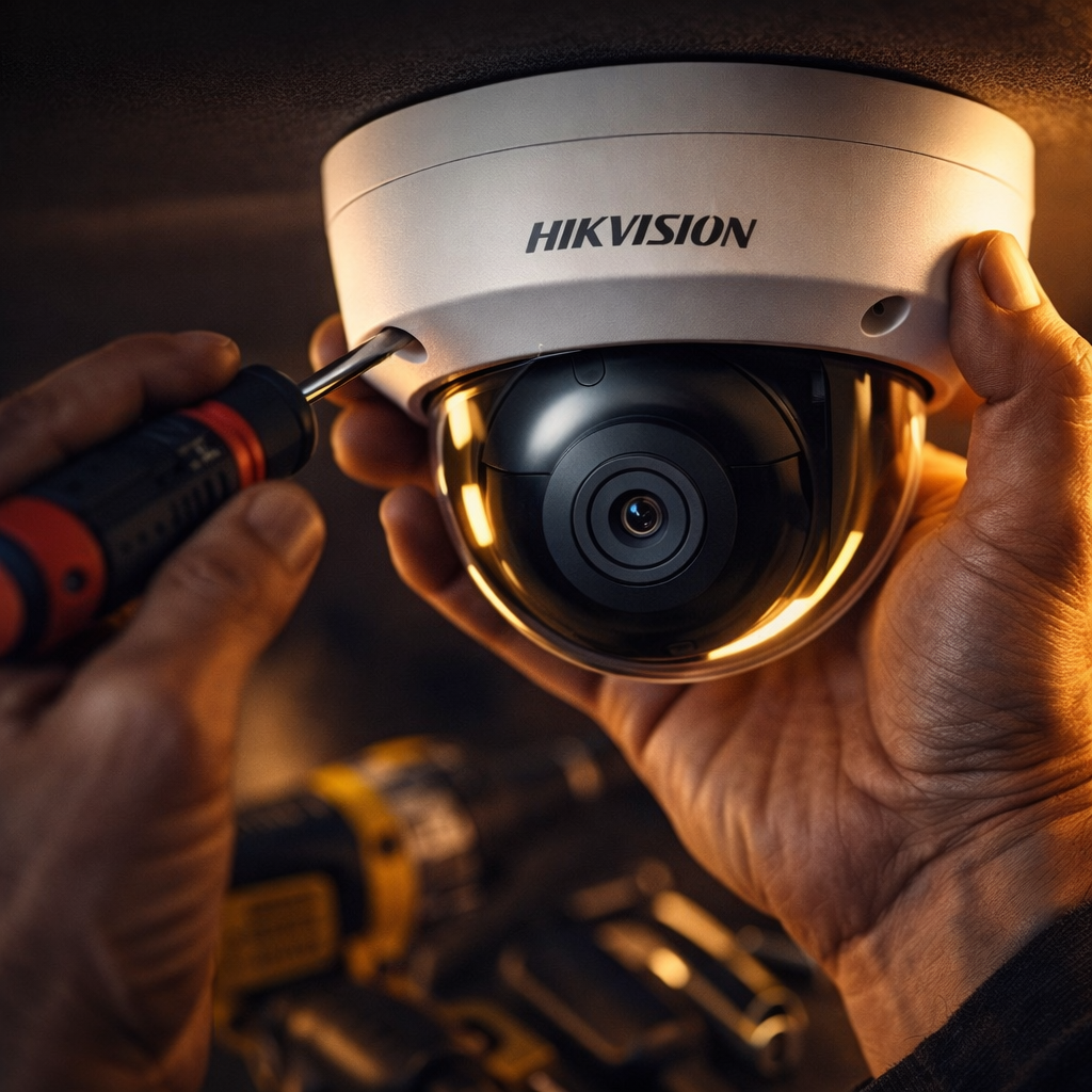 Técnico instalando câmera de segurança